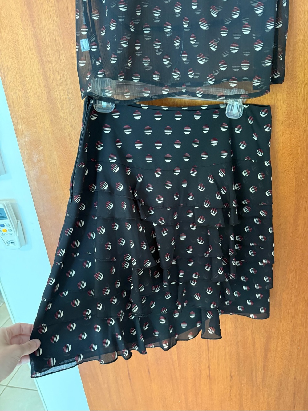 Vintage LOFT Black Circle-Print Tiered Skirt with Red & White Accents